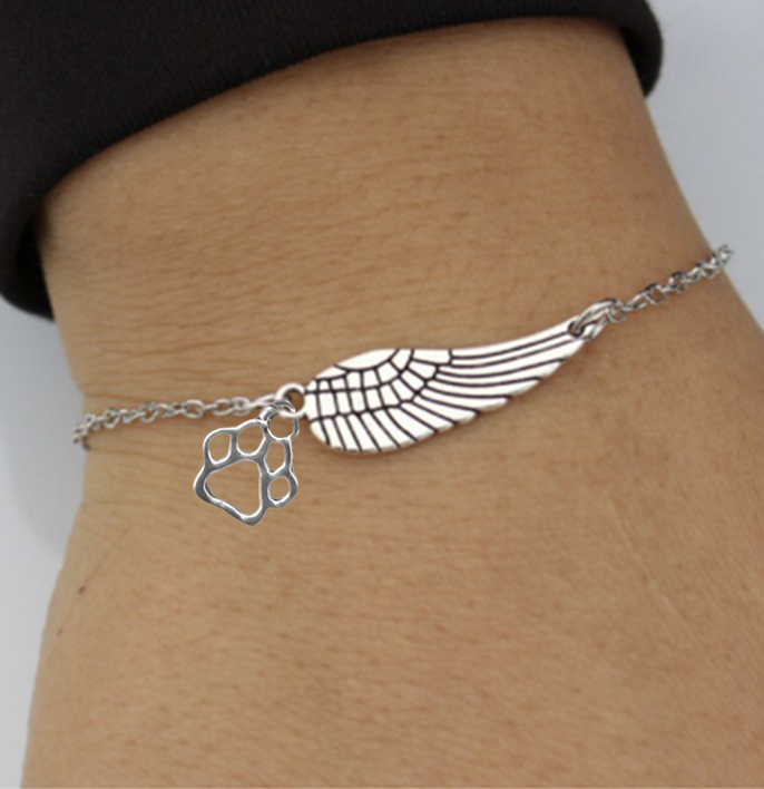 Handmade Silver-Tone Angel Wing and Paw Print Memorial Bracelet