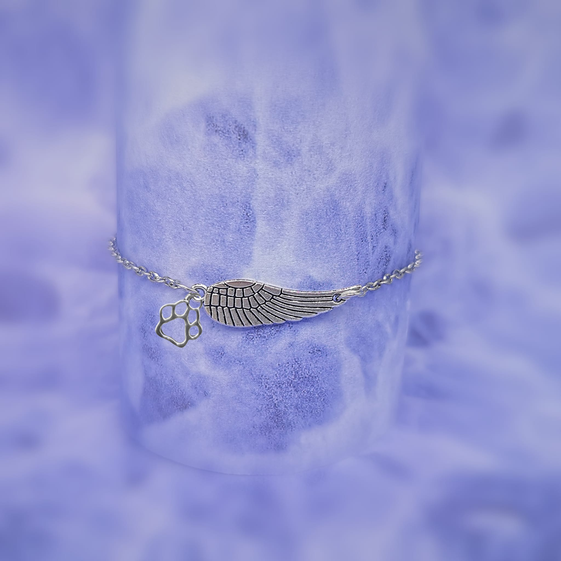 Handmade Silver-Tone Angel Wing and Paw Print Memorial Bracelet