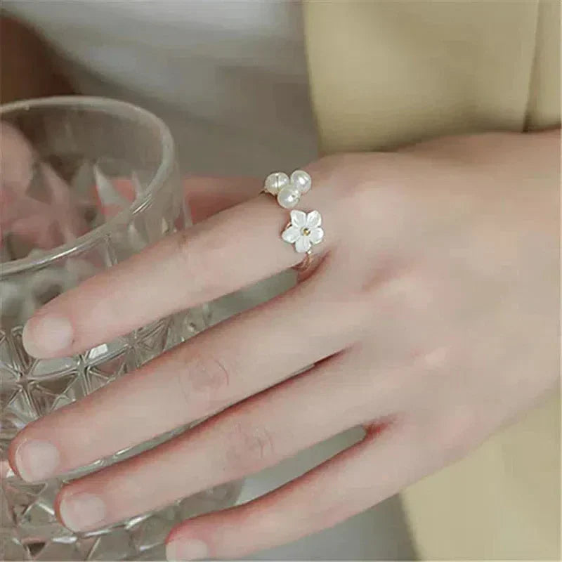 Adjustable Pearl Flower Ring in Gold Tone