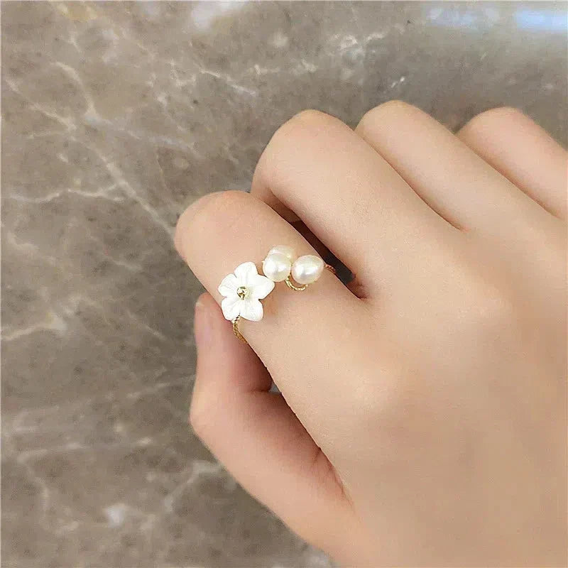 Adjustable Pearl Flower Ring in Gold Tone