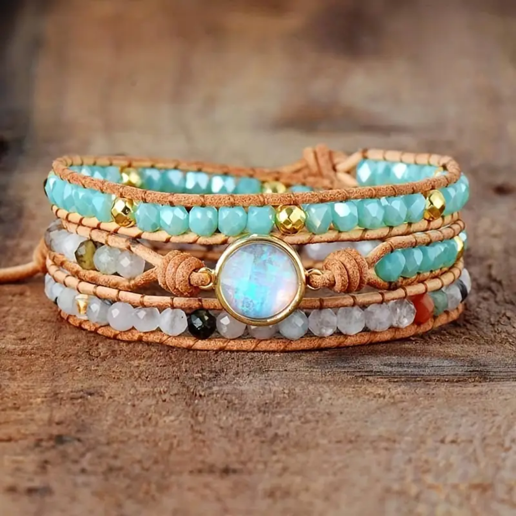 Aquamarine Crystal Wrap Bracelet with Moonstone Centrepiece