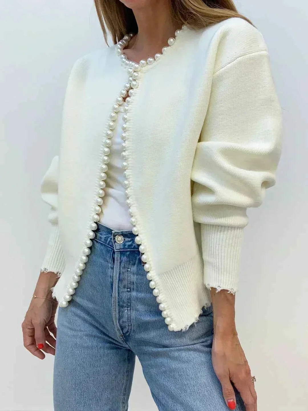 Brushed Cardigan with Pearl Detailing and Softly Draped Shape
