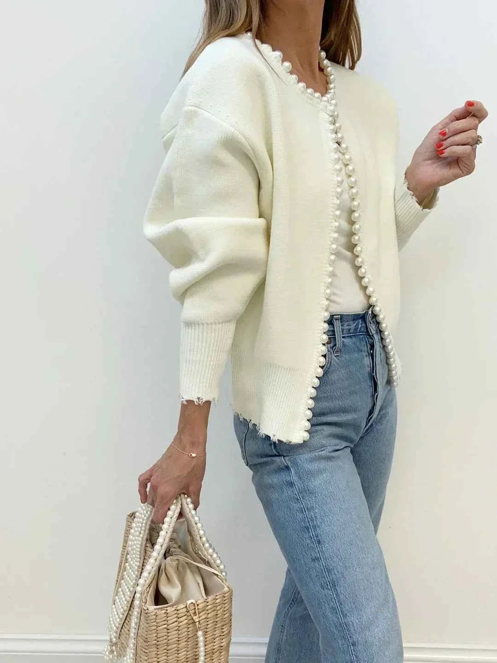 Brushed Cardigan with Pearl Detailing and Softly Draped Shape