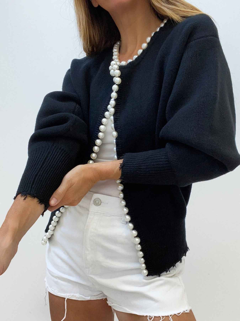 Brushed Cardigan with Pearl Detailing and Softly Draped Shape