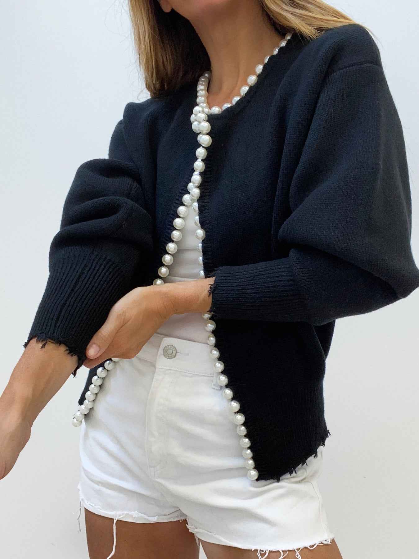 Brushed Cardigan with Pearl Detailing and Softly Draped Shape