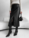 Faux Leather Midi Skirt with Front Slit