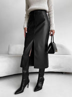 Faux Leather Midi Skirt with Front Slit