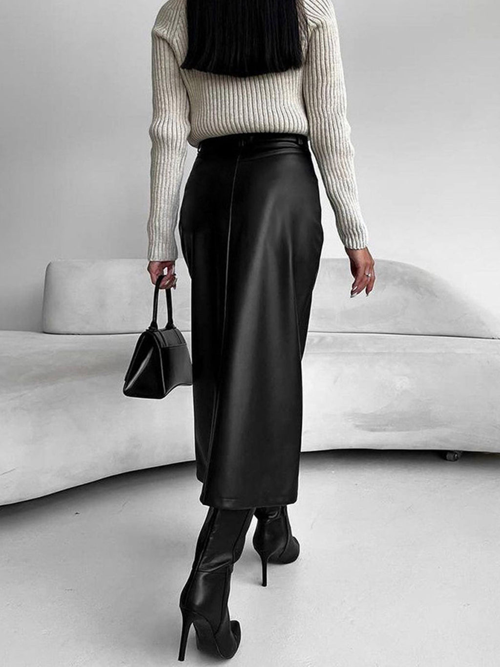 Faux Leather Midi Skirt with Front Slit