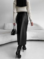 Faux Leather Midi Skirt with Front Slit