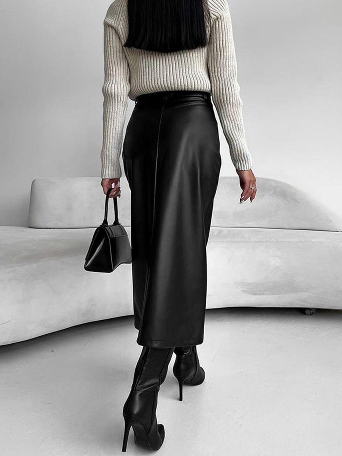 Faux Leather Midi Skirt with Front Slit