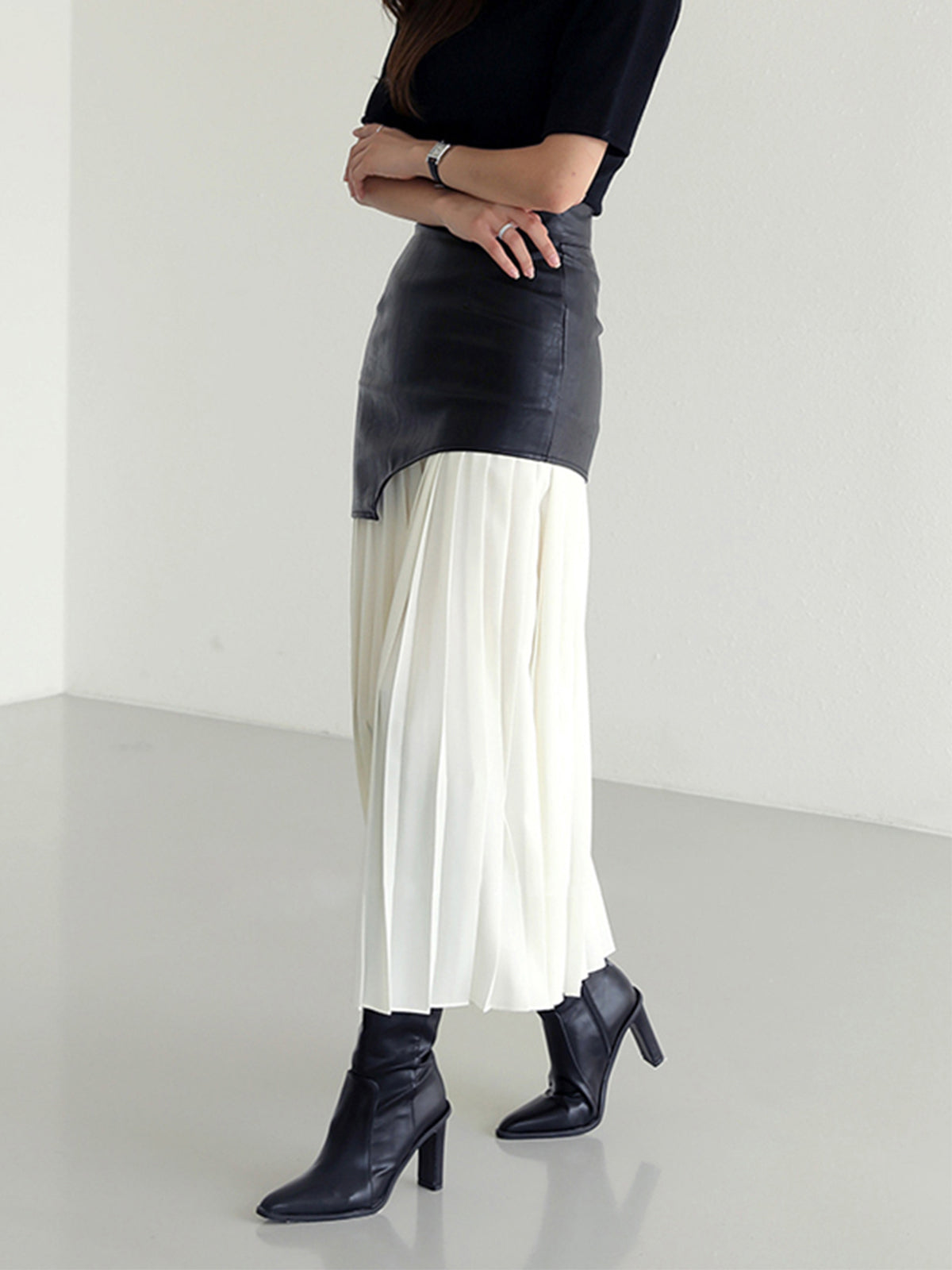Layered Pleated Maxi Skirt in Faux Leather