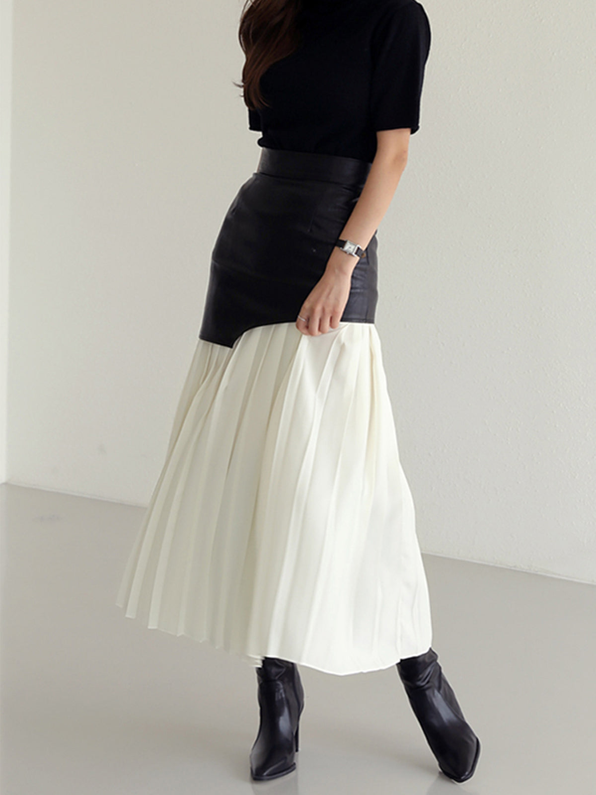 Layered Pleated Maxi Skirt in Faux Leather