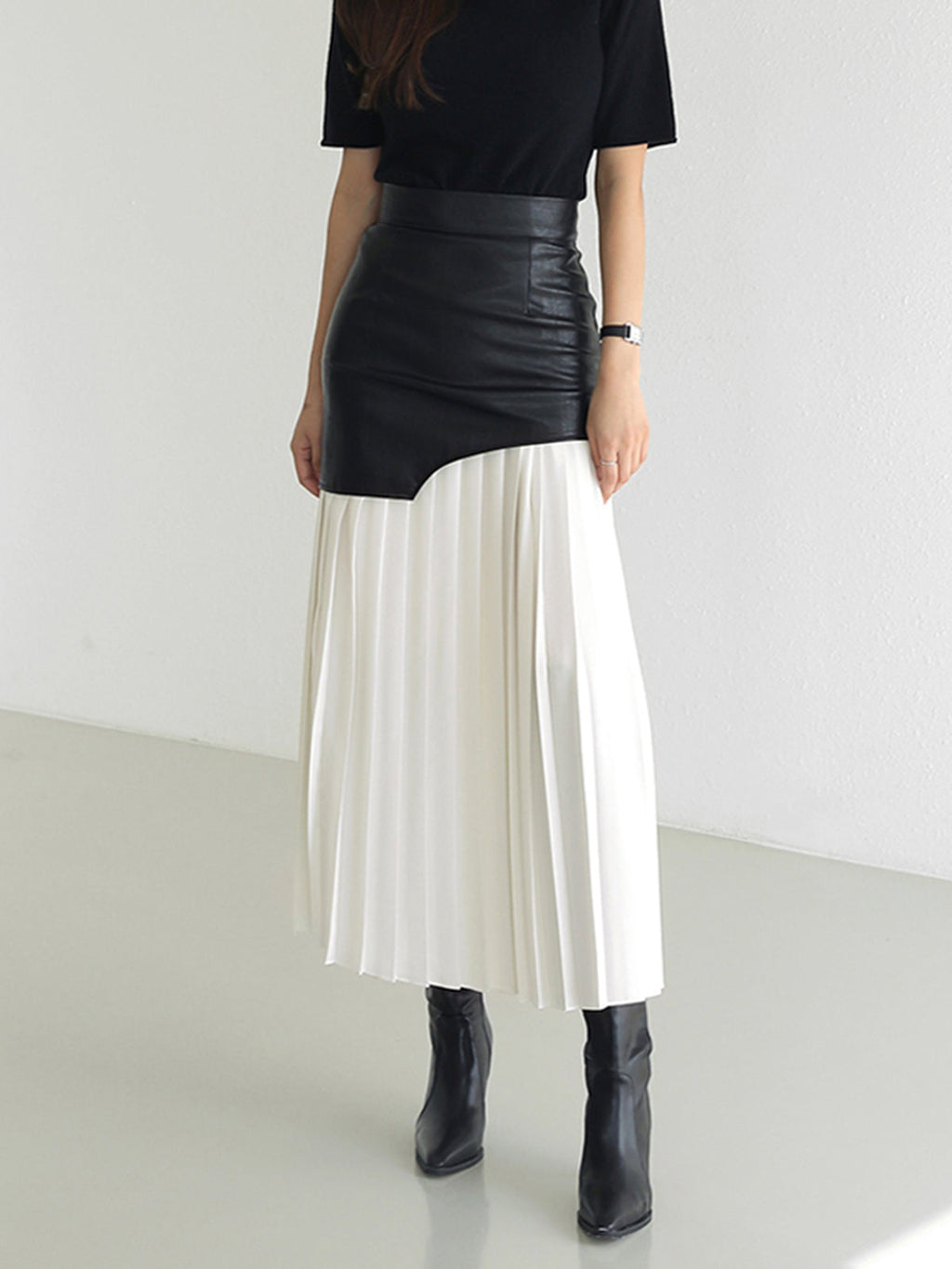 Layered Pleated Maxi Skirt in Faux Leather