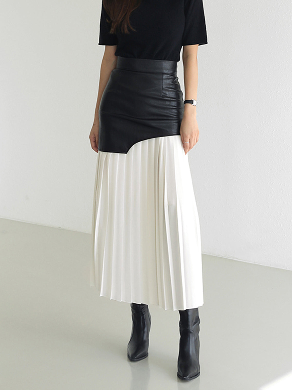 Layered Pleated Maxi Skirt in Faux Leather