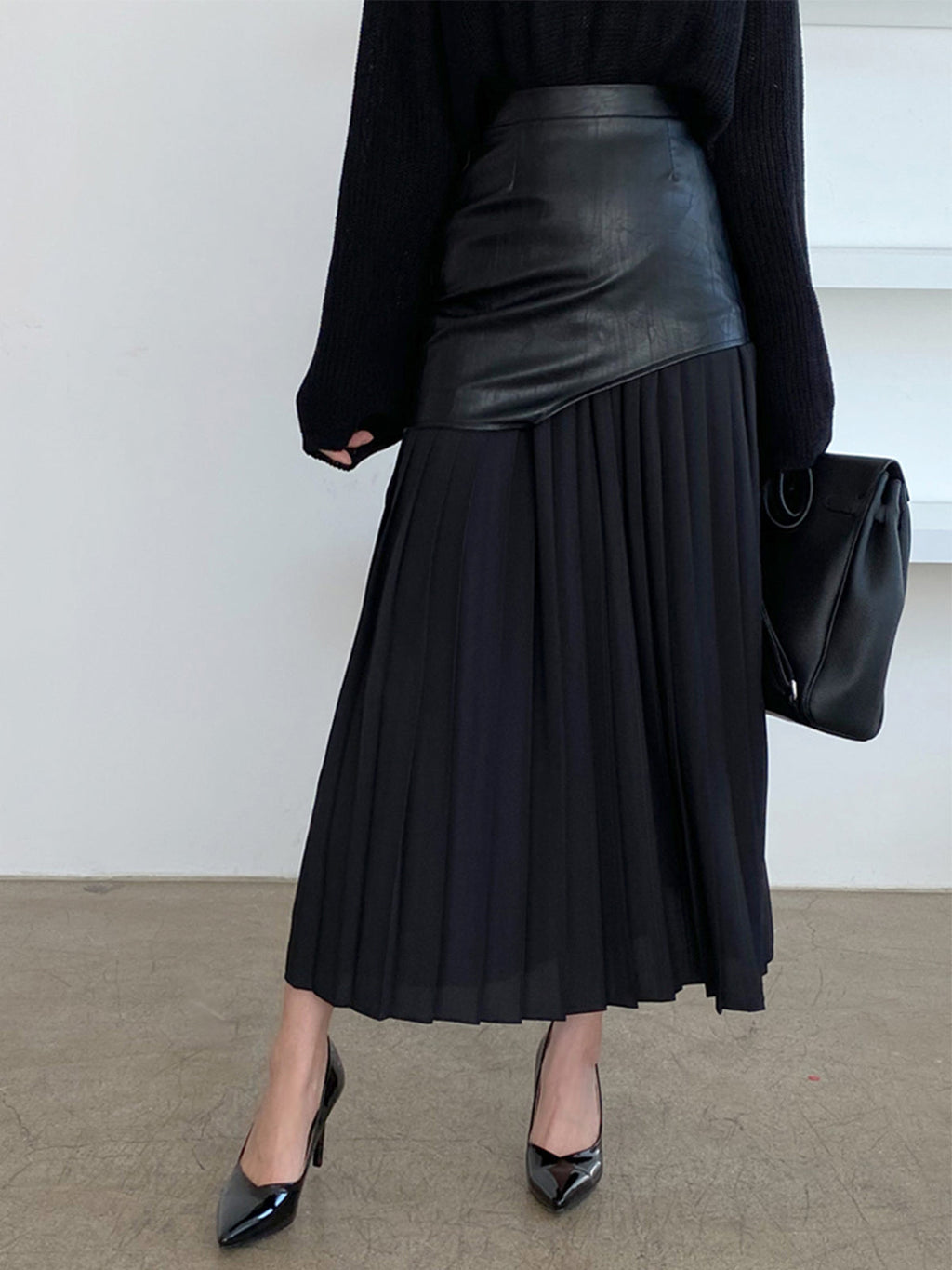 Layered Pleated Maxi Skirt in Faux Leather