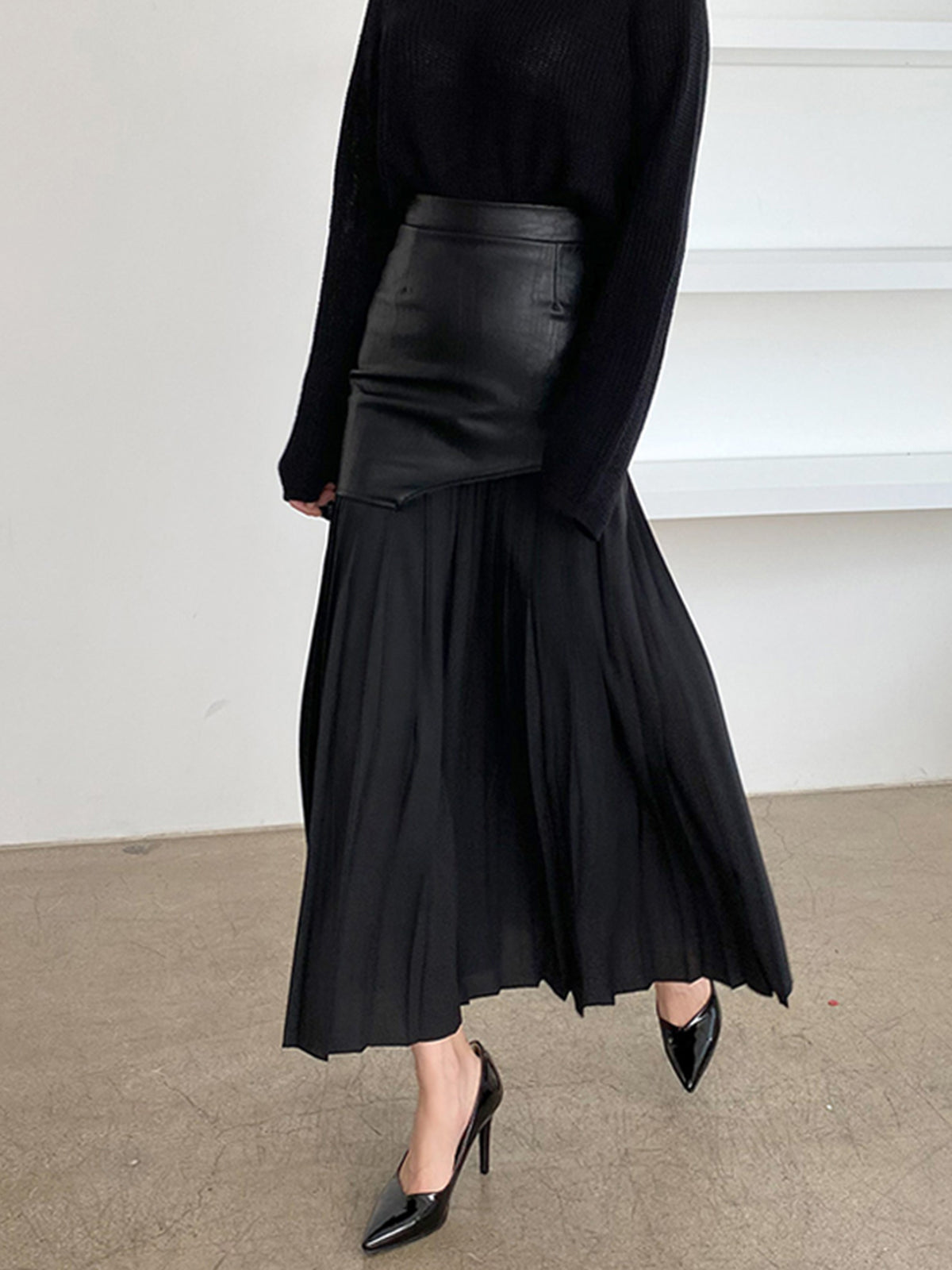 Layered Pleated Maxi Skirt in Faux Leather
