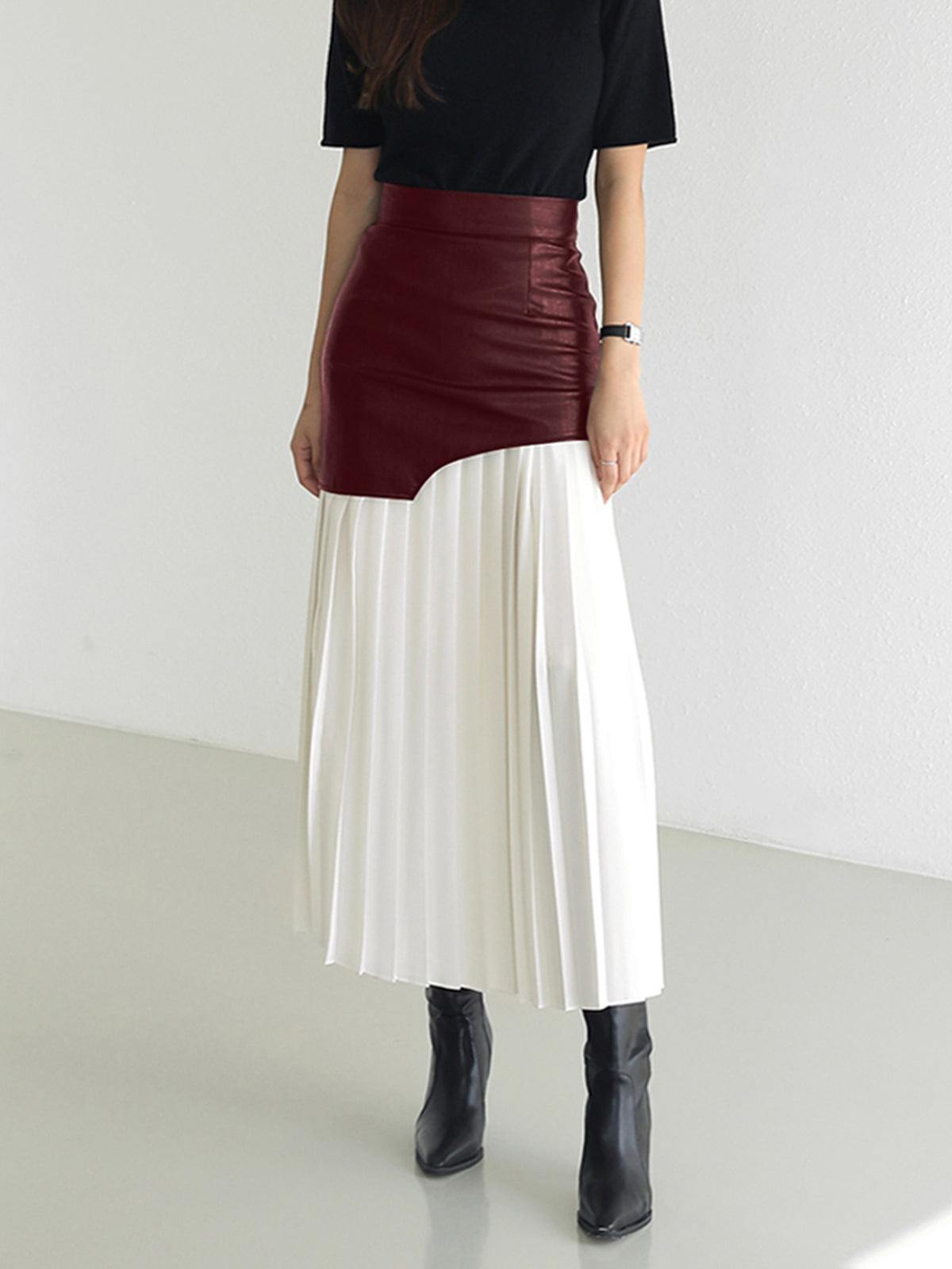 Layered Pleated Maxi Skirt in Faux Leather