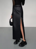 Side-Split Maxi Skirt in Faux Leather