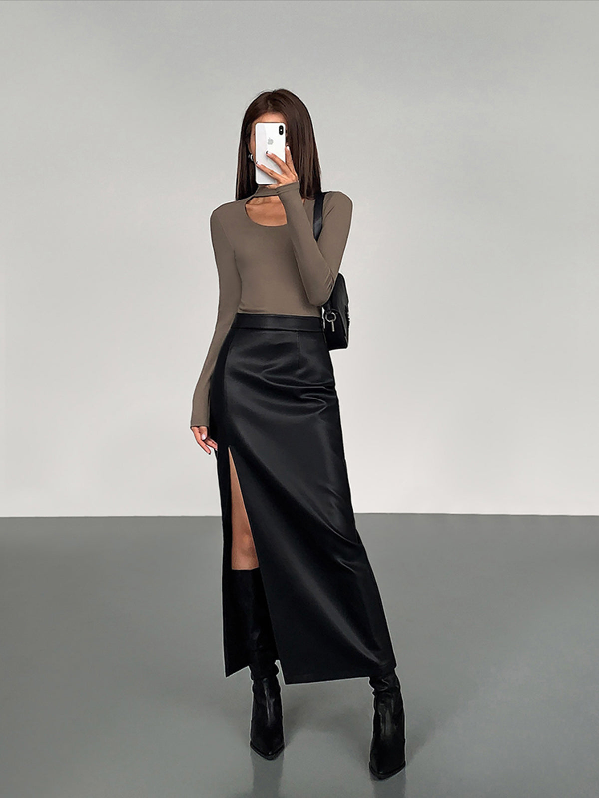 Side-Split Maxi Skirt in Faux Leather