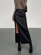 Side-Split Maxi Skirt in Faux Leather