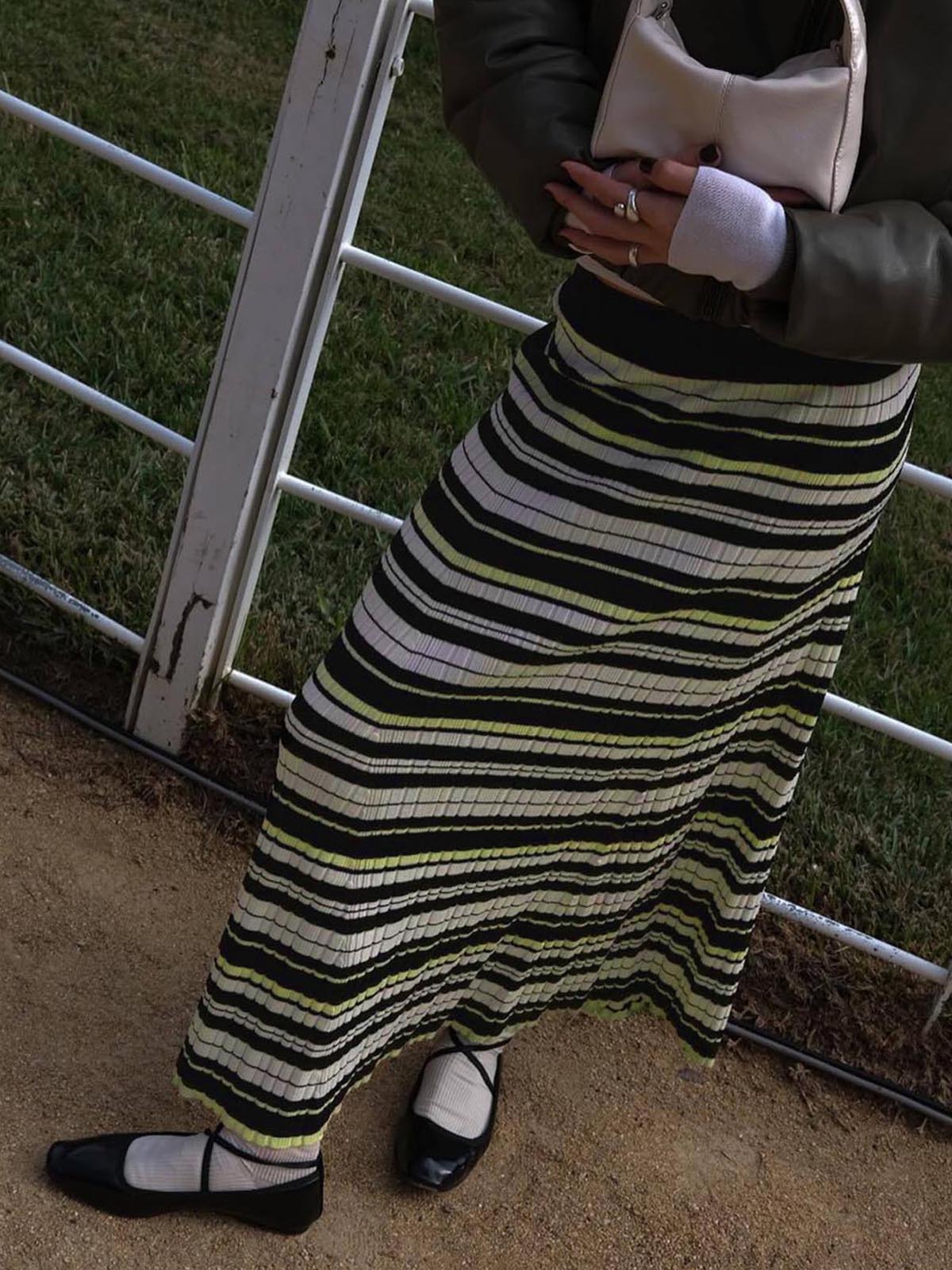 Striped Knit Midi Skirt with High Waist