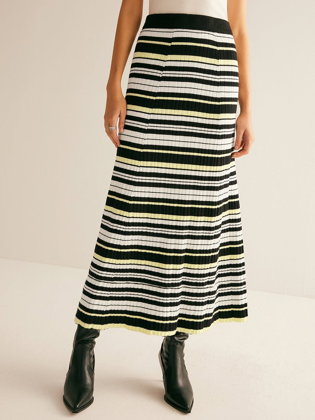Striped Knit Midi Skirt with High Waist