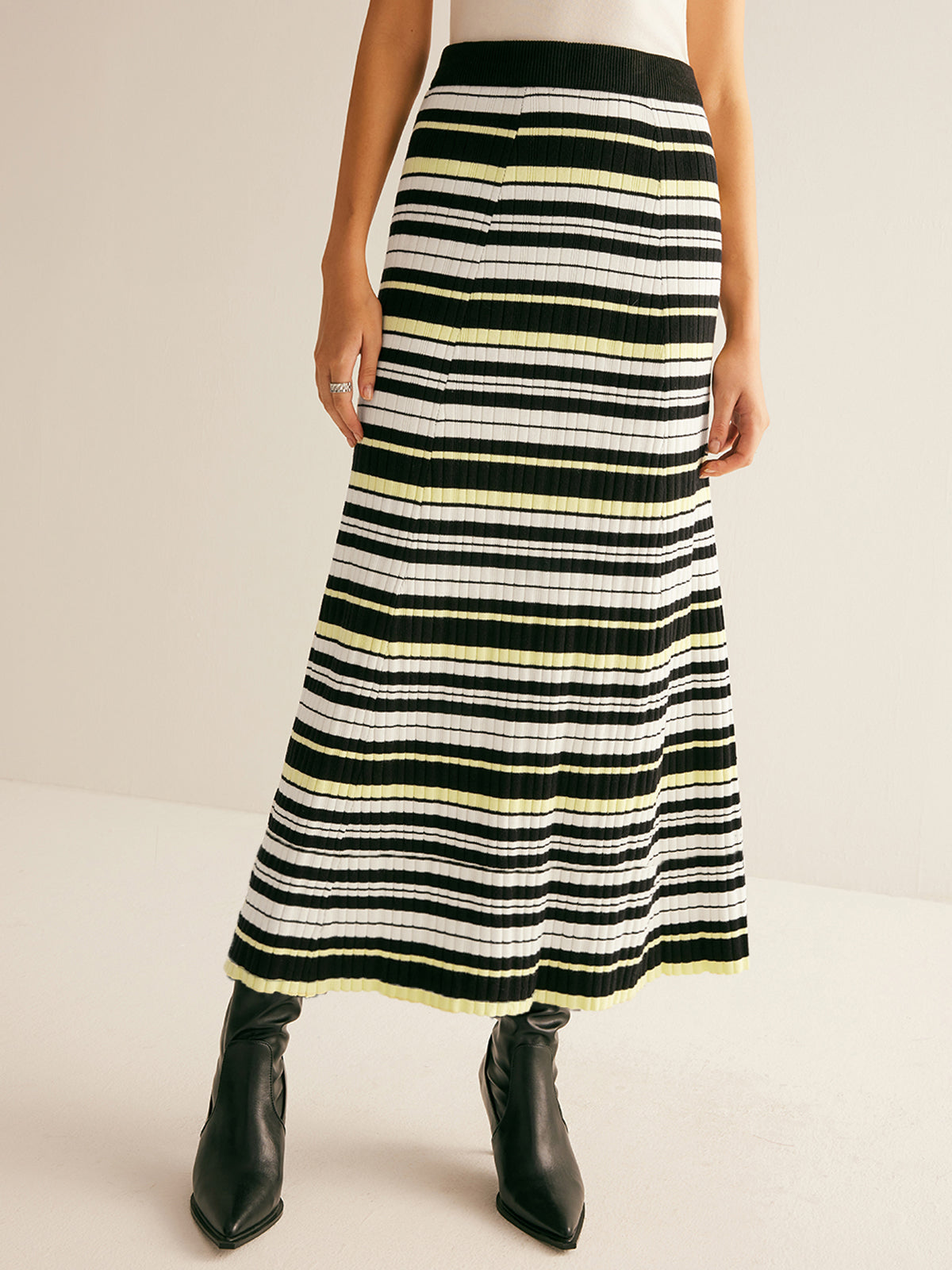 Striped Knit Midi Skirt with High Waist