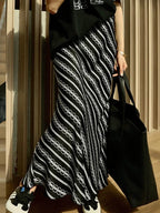 Vertical-Striped Maxi Skirt with a Loose Fit