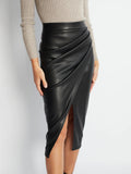 Faux Leather Wrap Midi Skirt with a Front Slit