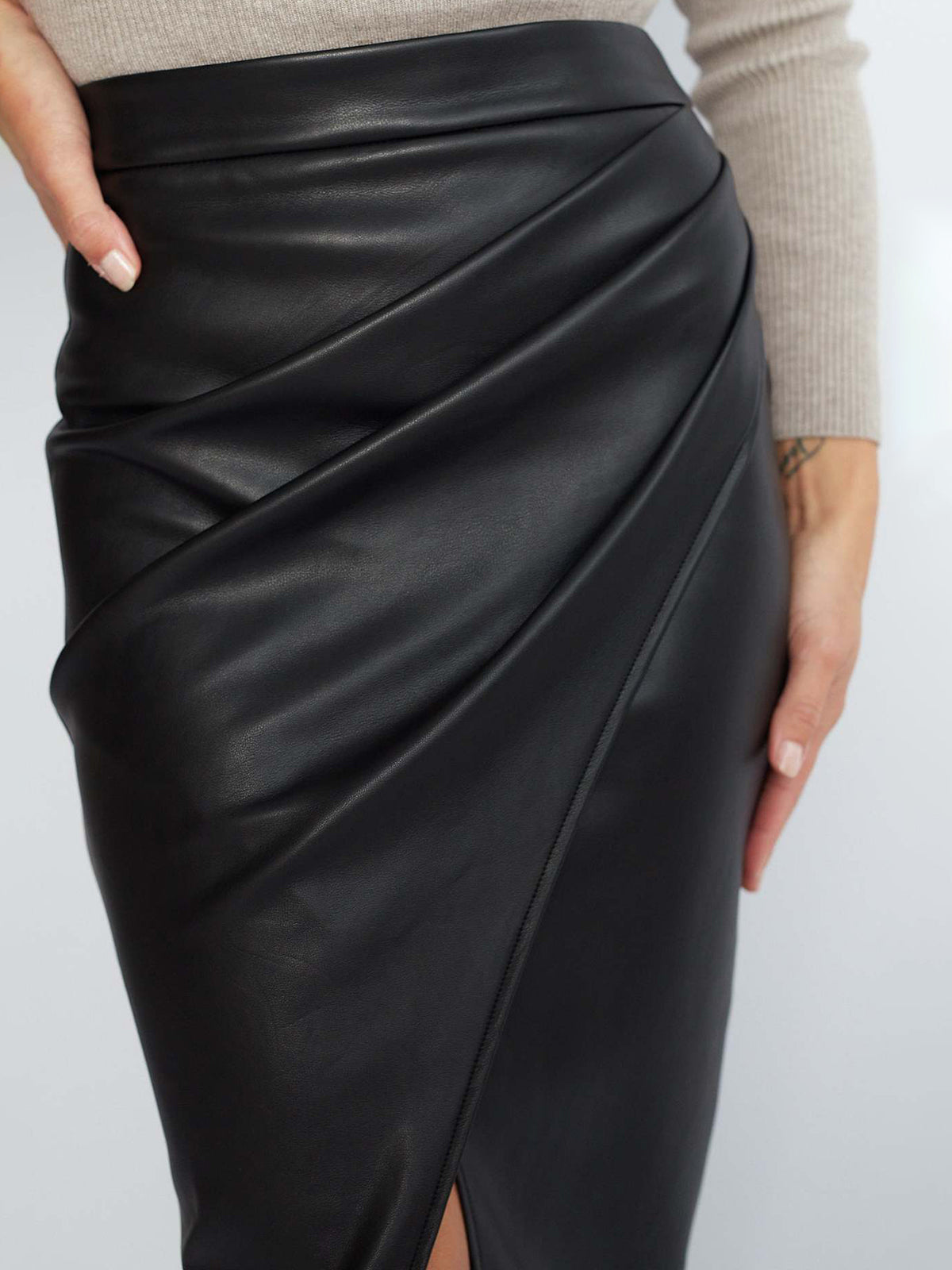 Faux Leather Wrap Midi Skirt with a Front Slit