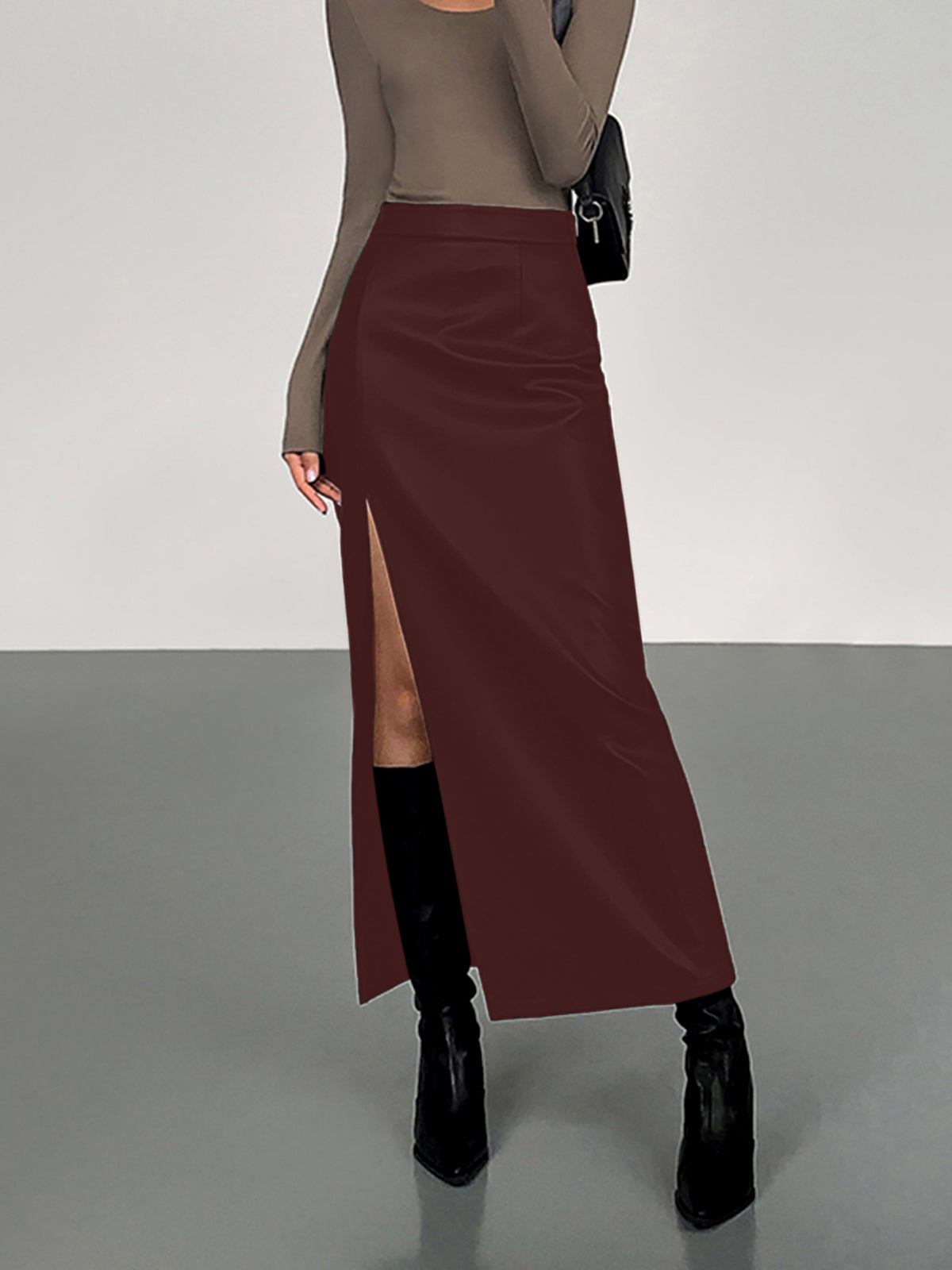 Side-Split Maxi Skirt in Faux Leather