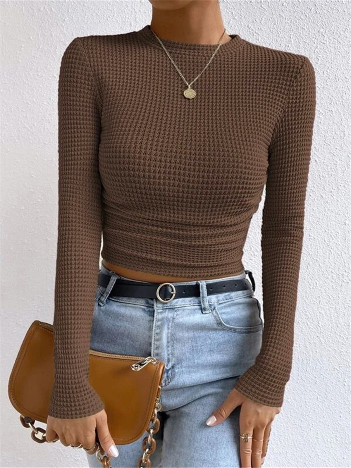 Waffle-Knit Long Sleeve Crop Top