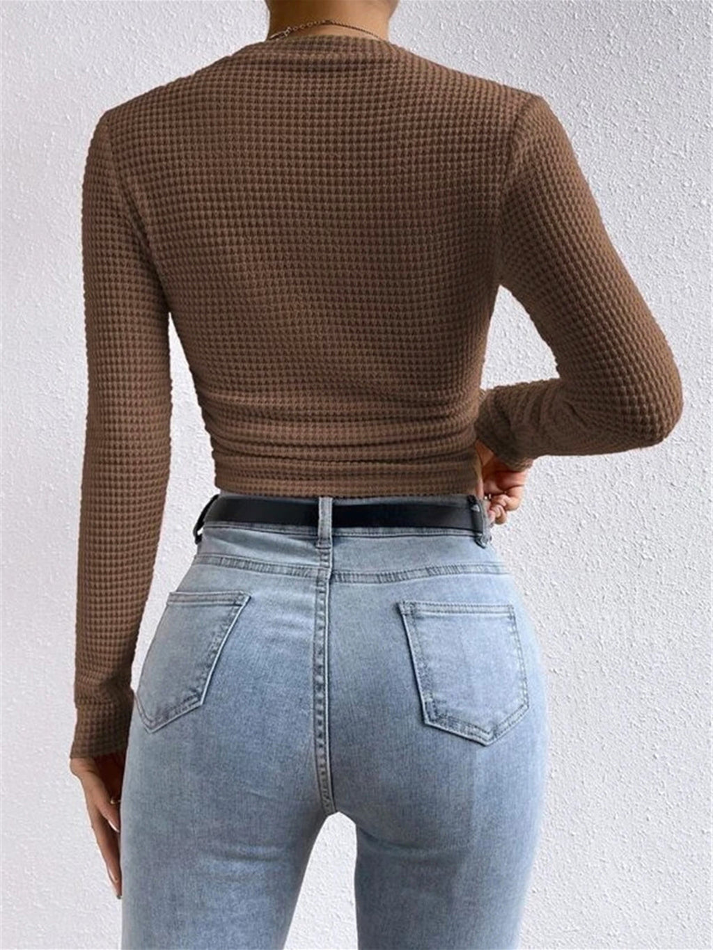 Waffle-Knit Long Sleeve Crop Top