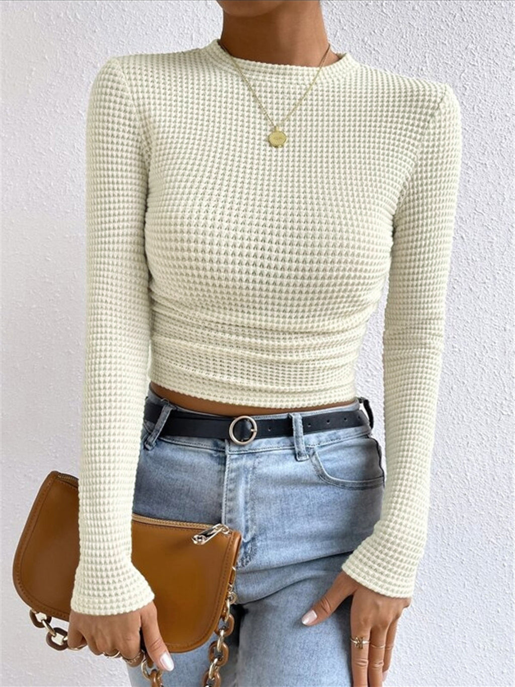 Waffle-Knit Long Sleeve Crop Top