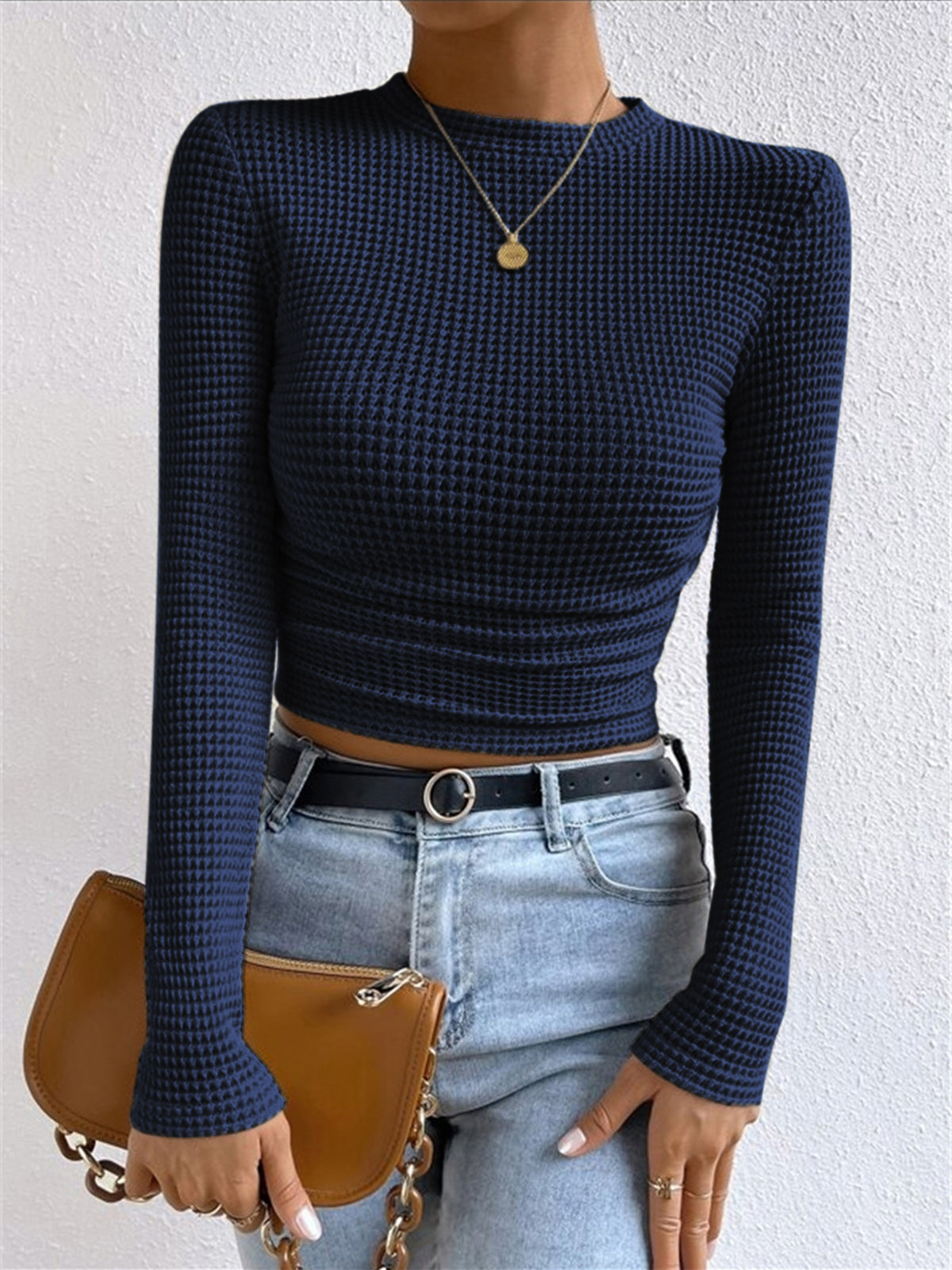 Waffle-Knit Long Sleeve Crop Top