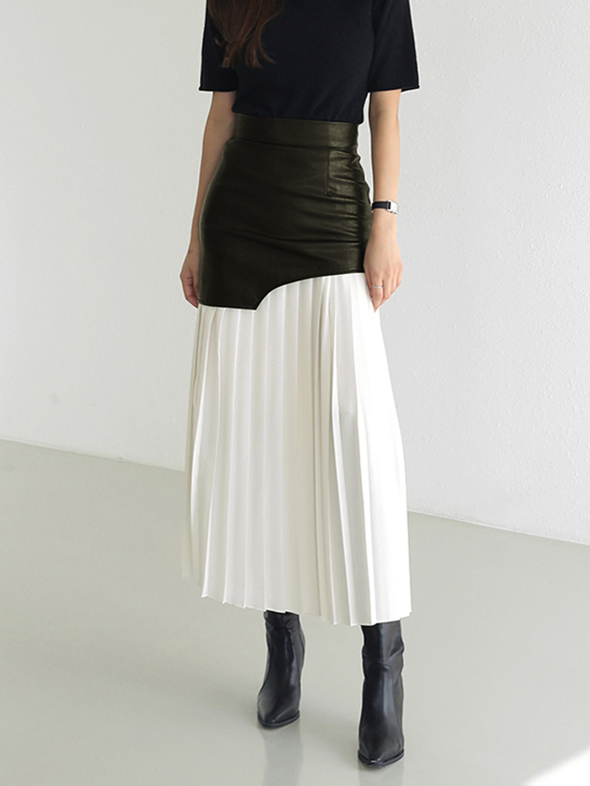 Layered Pleated Maxi Skirt in Faux Leather