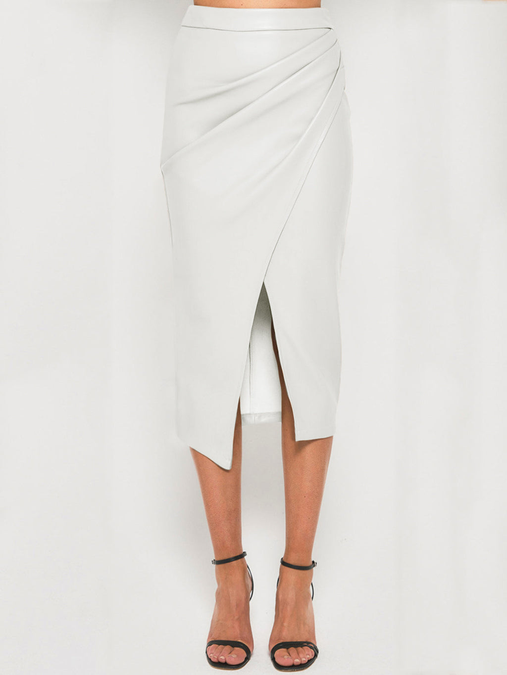 Faux Leather Wrap Midi Skirt with a Front Slit