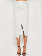 Faux Leather Wrap Midi Skirt with a Front Slit