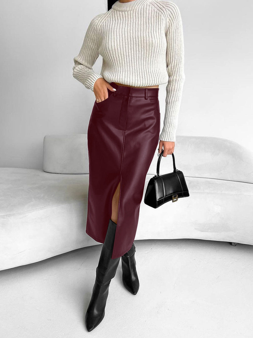 Faux Leather Midi Skirt with Front Slit