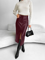 Faux Leather Midi Skirt with Front Slit