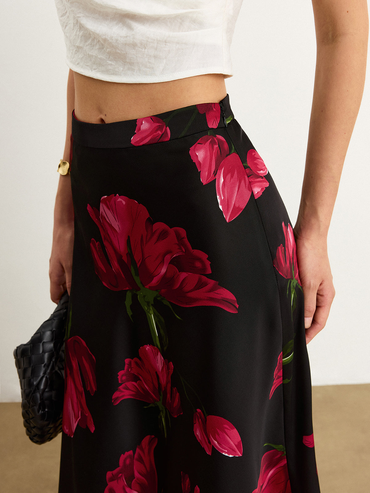 Floral Print Maxi Skirt with Satin Finish