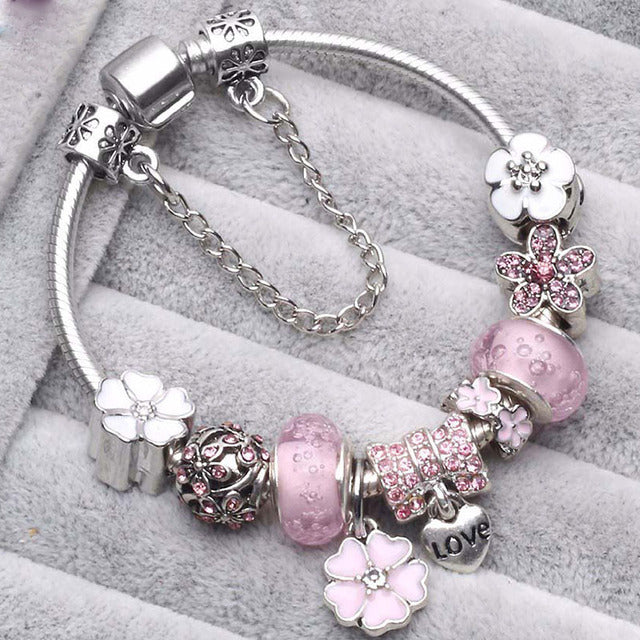Pulseira Rosa e Prateada Estilo Vintage em Seis Comprimentos