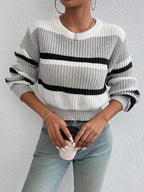 Striped Knit Jumper with Crew Neck and Elasticated Cuffs