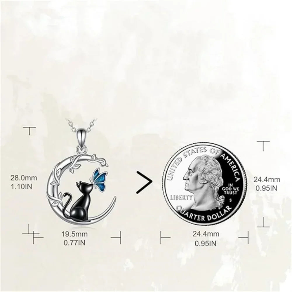 Moon, Cat and Butterfly Crystal Pendant Necklace