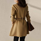 A-Line Brushed Coat with Contrast Piping and Waist Belt