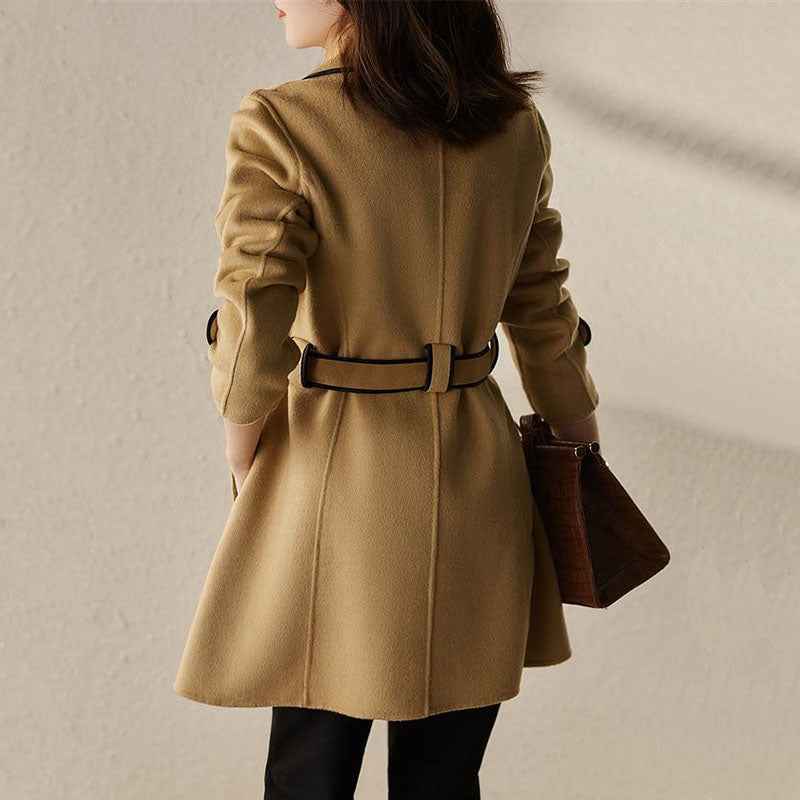 A-Line Brushed Coat with Contrast Piping and Waist Belt