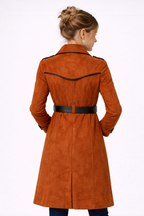 Double Breasted Suede Coat with Black Trim and Lapel Collar