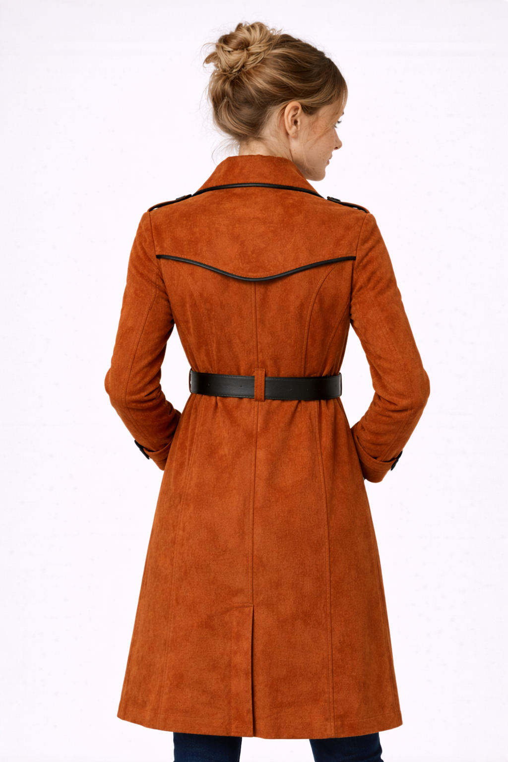 Double Breasted Suede Coat with Black Trim and Lapel Collar