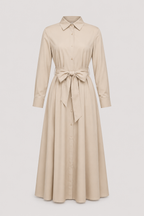 Cotton Twill Maxi Shirt Dress with Tie Waist and Collar