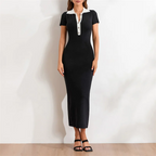 Polo Collar Button-Up Short Sleeve Maxi Dress